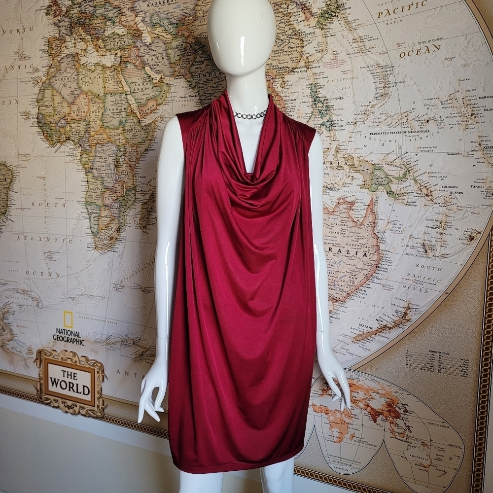 H&M burgundy scoop neck drape front sleeveless dress Y2K indie sleaze slinky L - Picture 1 of 9